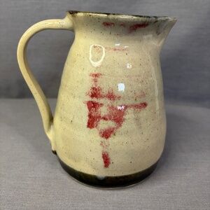 Studio Art Pottery Pitcher Brown Speckled Red Splotch Signed & Stamped By Artist